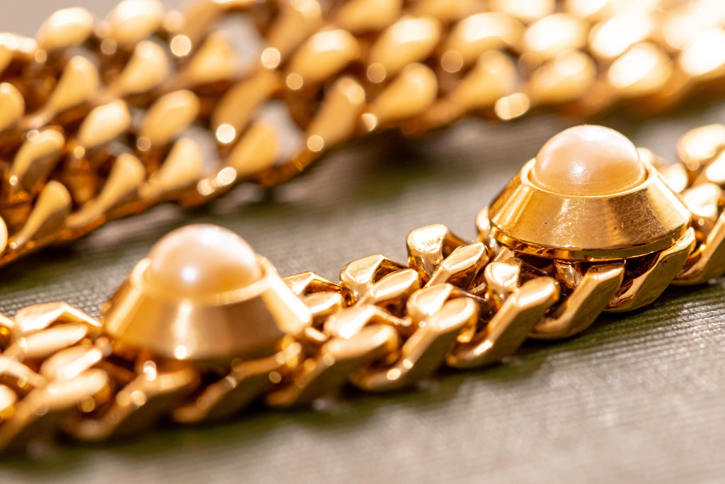 Heavy Vintage Gold Tone & Pearl Chunky Link Bracelet | Runway Glamour | Goth Accessory