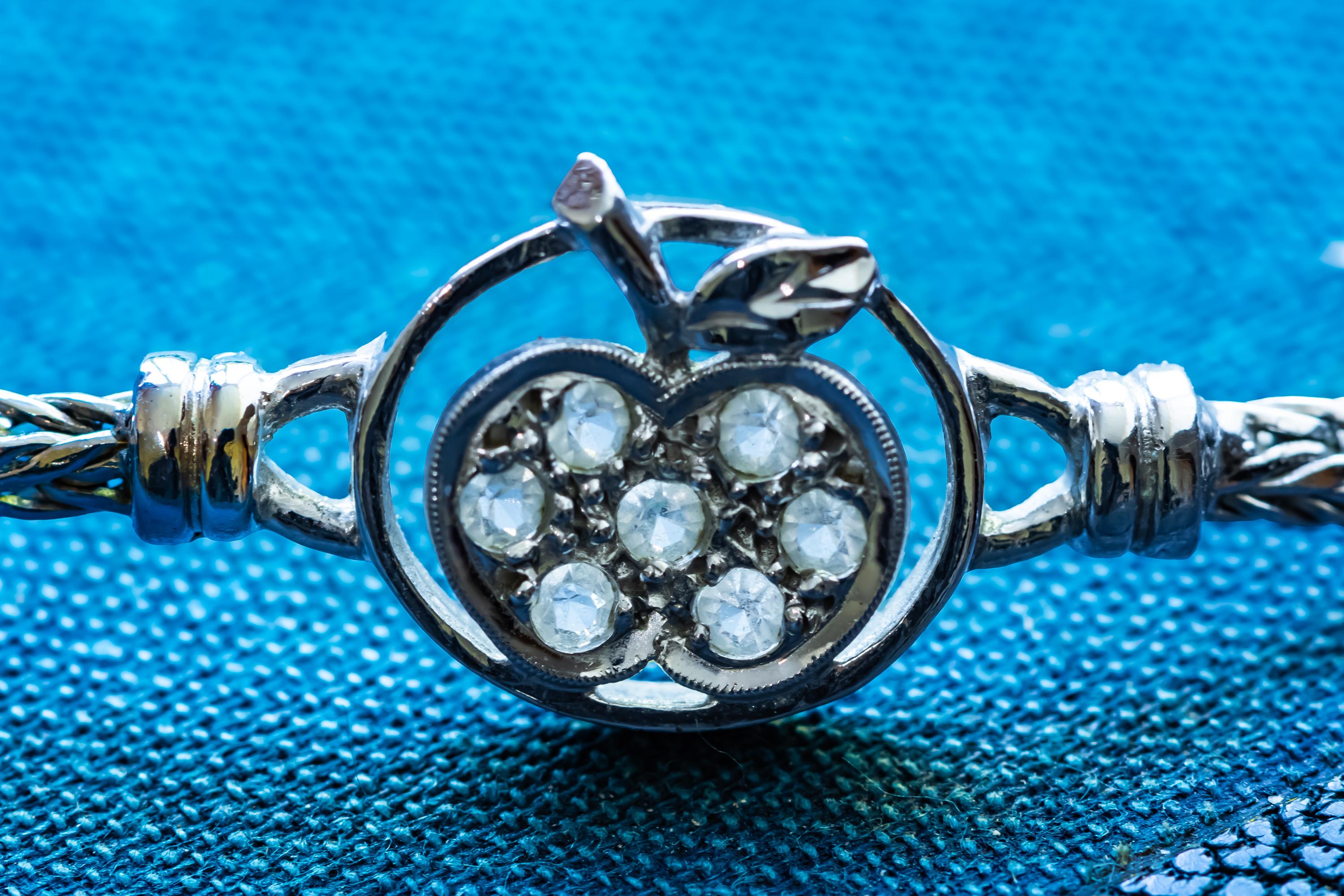 Vintage 800 Silver Apple Charm Bracelet | Pave Crystals | Botanical Goth Accessory
